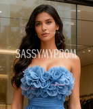 Ruffles Sweetheart Flower A Line Blue Chiffon Pleats Prom Dress