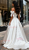 A Line Off The Shoulder Ruched Tie Shoulder Satin Wedding Dress