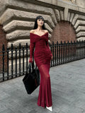 Burgundy Off Shoulder Ruched Mesh Long - Sleeve Maxi Dress