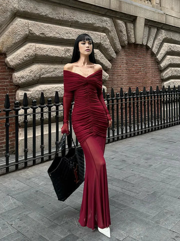 Burgundy Off Shoulder Ruched Mesh Long - Sleeve Maxi Dress