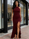 Long Maxi Halter Spandex Ruffles Slit Party Dress