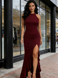 Long Maxi Halter Spandex Ruffles Slit Party Dress