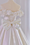 Long A-Line Bow Off The Shoulder White Satin Wedding Dress