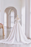 Long A-Line Bow Off The Shoulder White Satin Wedding Dress
