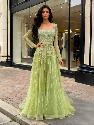 Green Tulle Beading A Line Square Long Sleeve Prom Dress