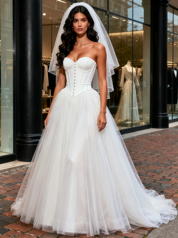 Corset Satin Top A Line Tulle Sweetheart Wedding Dress