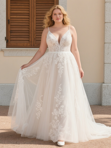 Lace Plus Size Tulle Spaghetti Straps Wedding Dress