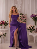 Grape Satin Beading Off The Shoulder Prom Dress With Train