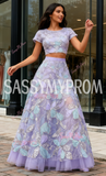 Beading Scoop Short Sleeve Purple Flower Two Piece Prom Dress