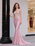 Trumpet Mermaid Sequin Beading Pink Cut Out Prom Dress
