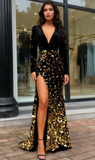 Trumpet Mermaid Long Sleeve Gold V Neck Sequin Prom Dress