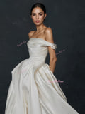 White Satin A Line Off The Shoulder Wedding Dress With Pockets