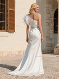 One Shoulder Satin Wedding Dress With Slit