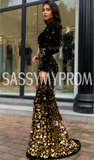 Trumpet Mermaid Long Sleeve Gold V Neck Sequin Prom Dress