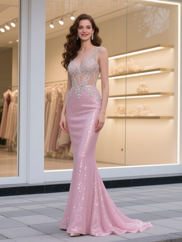 Trumpet Mermaid Sequin Beading Pink Cut Out Prom Dress
