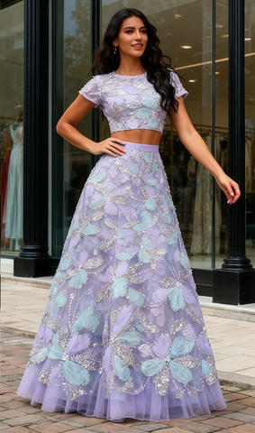 Beading Scoop Short Sleeve Purple Flower Two Piece Prom Dress