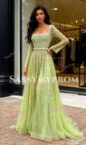 Green Tulle Beading A Line Square Long Sleeve Prom Dress