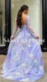 Boat Neck Long Sleeve V Neck Purple Beading Prom Dress