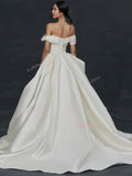 White Satin A Line Off The Shoulder Wedding Dress With Pockets