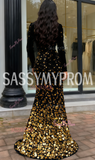 Trumpet Mermaid Long Sleeve Gold V Neck Sequin Prom Dress