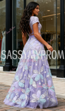 Beading Scoop Short Sleeve Purple Flower Two Piece Prom Dress