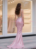 Trumpet Mermaid Sequin Beading Pink Cut Out Prom Dress