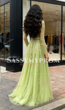 Green Tulle Beading A Line Square Long Sleeve Prom Dress