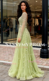Green Tulle Beading A Line Square Long Sleeve Prom Dress
