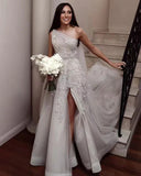 One Shoulder Floral Appliques Gray Wedding Dress