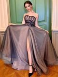Champagne Strapless Tulle Long Prom Dress With High Slit