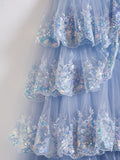Blue Lace Ruffles Off the Shoulder Corset Prom Dress