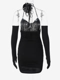 Backless 3D Flowers Black Halter  Mini Dress