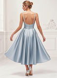 Tea Length Satin Blue Spaghetti Straps Prom Dress