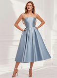 Light Blue A Line Spaghetti Straps Backless Satin Prom Dress