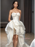 A Line High Low Satin Sweetheart Pearls Wedding Dress With Slit