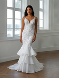 Tulle Appliques Ruffles Mermaid V Neck Wedding Dress