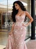 Tulle Lace Floral Trumpet Mermaid Pink Straps Sweetheart Prom Dress