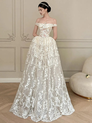 Off The Shoulder Lace A Line Bow Wedding Dress