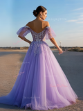 Long Sleeve A Line Lavender Tulle Beading Prom Dress