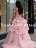 Pink Tulle Floral Appliques Ball Gown Off The Shoulder Prom Dress