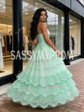 Tulle Green Ruffles A Line V Neck Sparkle Prom Dress