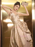Tulle Sweetheart Satin Print A Line Champange Prom Dress