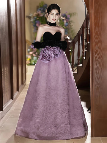 Rose Purple A Line Black Sweetheart Prom Dress