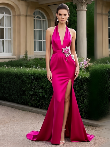 Flower Trumpet Mermaid Halter Satin Fuchsia Prom Dress With Slit