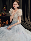 V Neck Blue Beading Puffy Sleeves Prom Dress