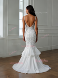 Tulle Appliques Ruffles Mermaid V Neck Wedding Dress