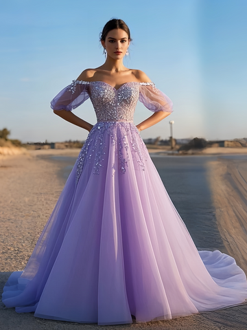 Long Sleeve A Line Lavender Tulle Beading Prom Dress