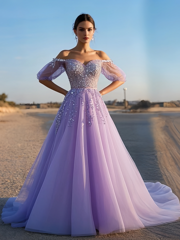 Long Sleeve A Line Lavender Tulle Beading Prom Dress US12 / Pink Long Sleeve A Line Lavender Tulle Beading Prom Dress US12 / Pink