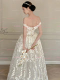 Off The Shoulder Lace A Line Bow Wedding Dress