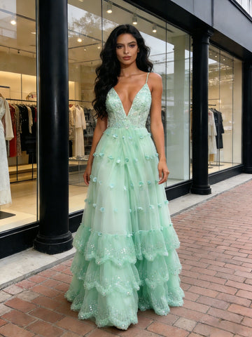 Tulle Green Ruffles A Line V Neck Sparkle Prom Dress